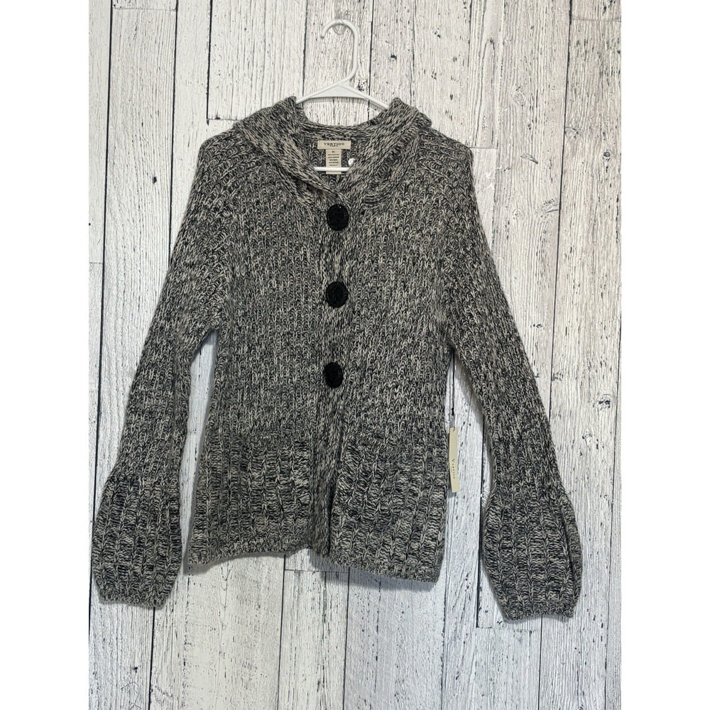 Vertigo Women's Y2K Heavy Black/ Beige Hooded Knitted Cardigan Sweater Sz Xl